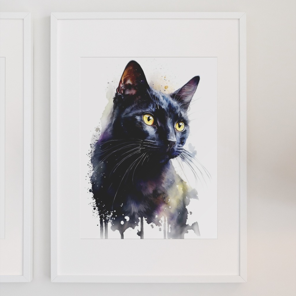 Black Cat Watercolor Wall Art Illustration Print Poster Card Unframed - Picture 3 of 6